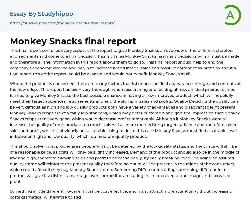 Monkey Snacks final report Essay Example