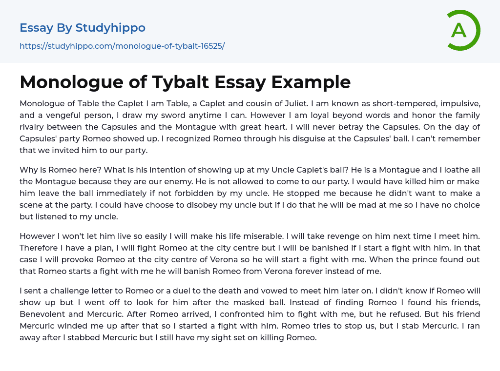 Monologue of Tybalt Essay Example