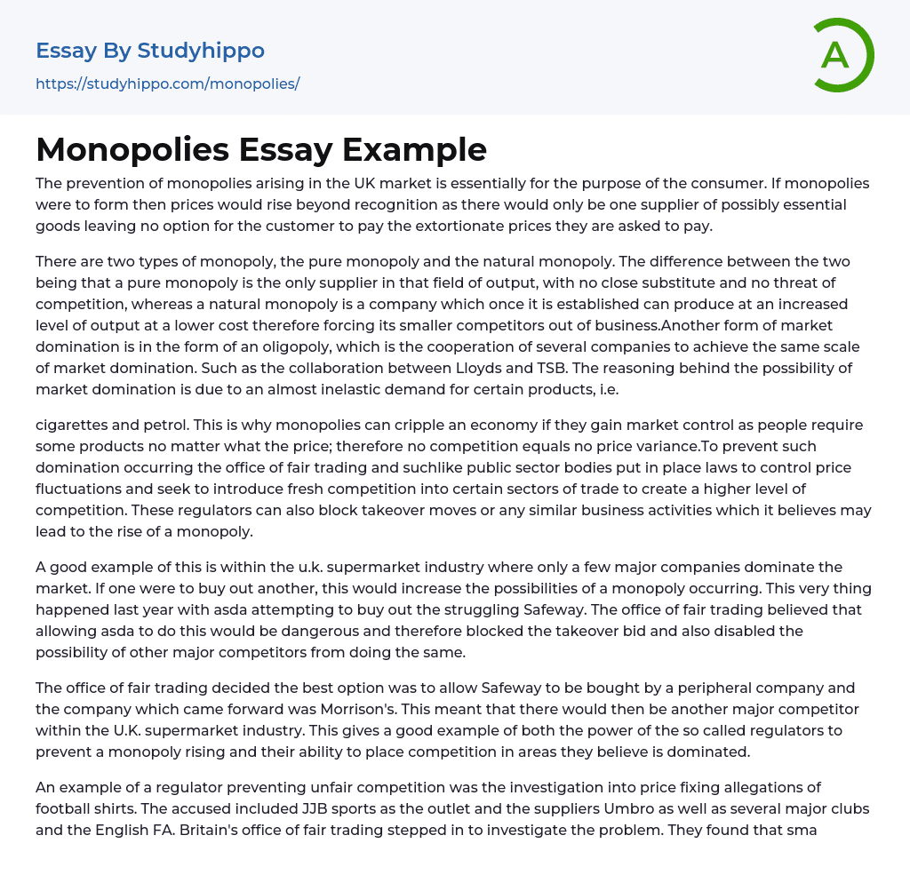 Monopolies Essay Example