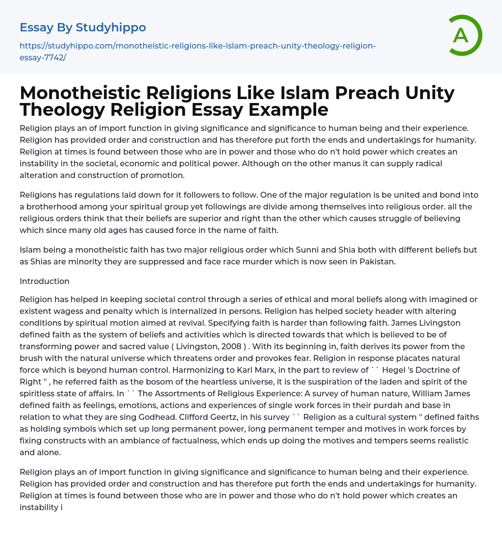 Monotheistic Religions Like Islam Preach Unity Theology Religion Essay Example