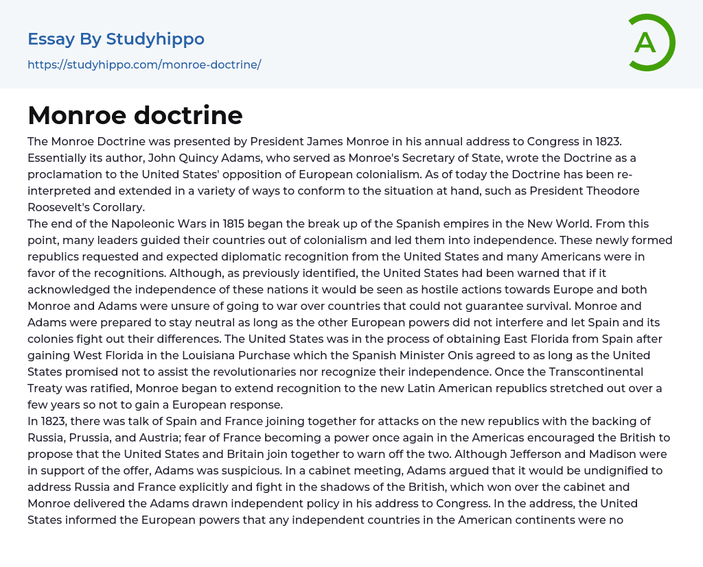 Monroe doctrine Essay Example