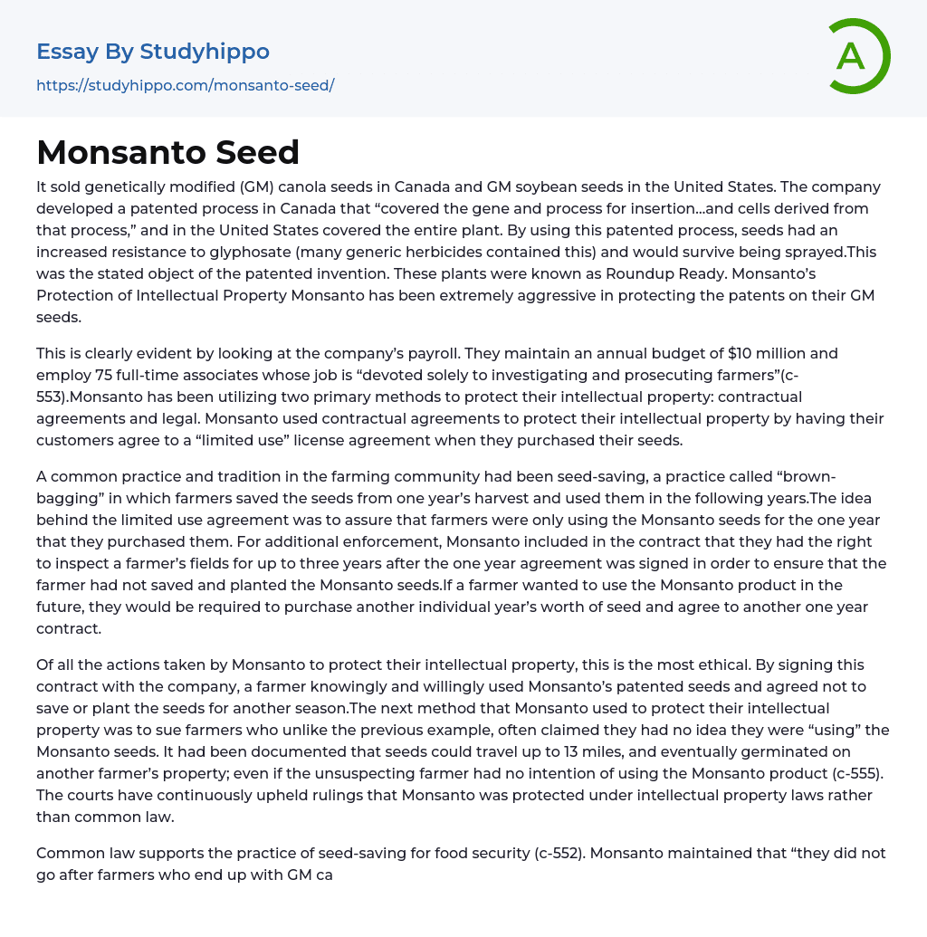 Monsanto Seed Essay Example