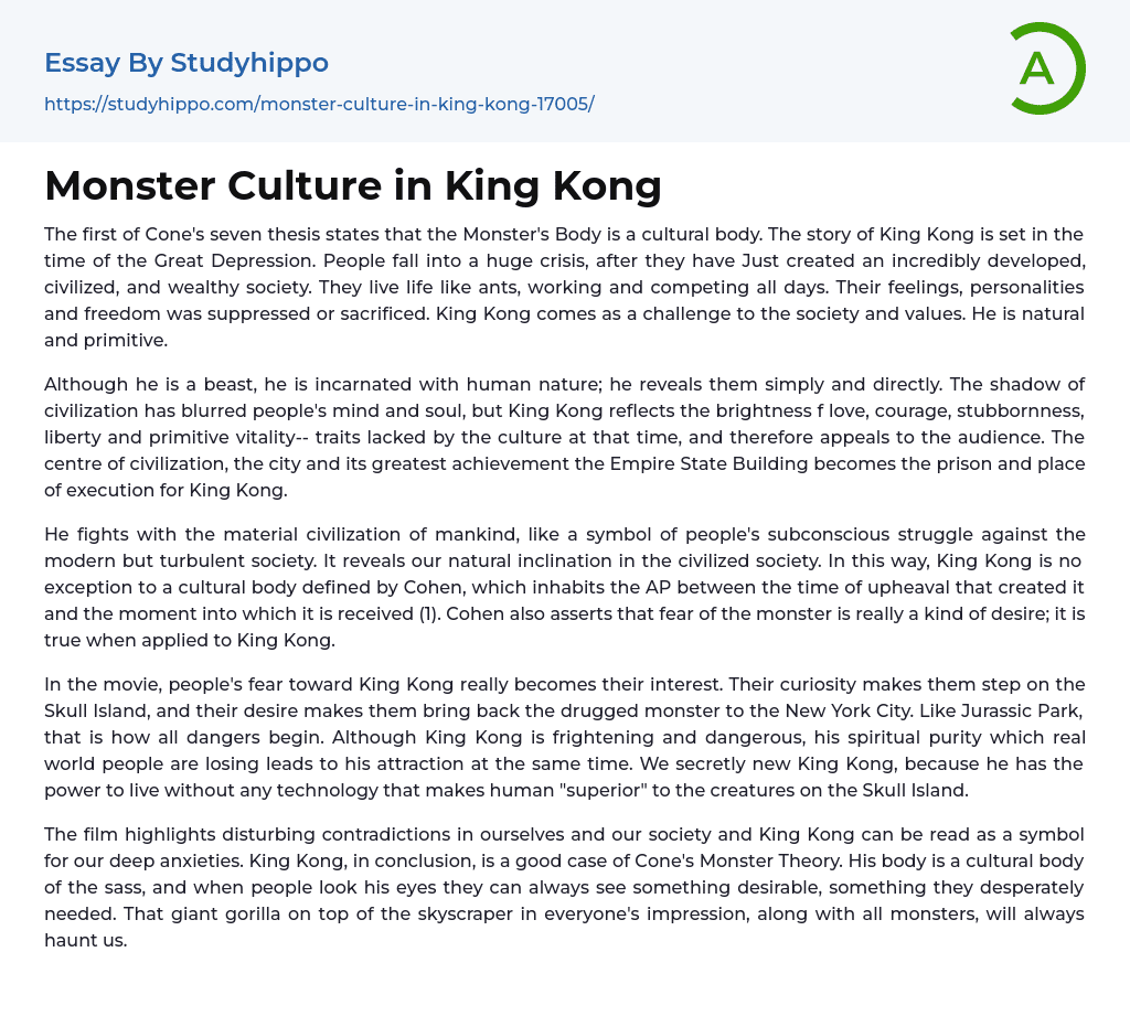 Monster Culture in King Kong Essay Example