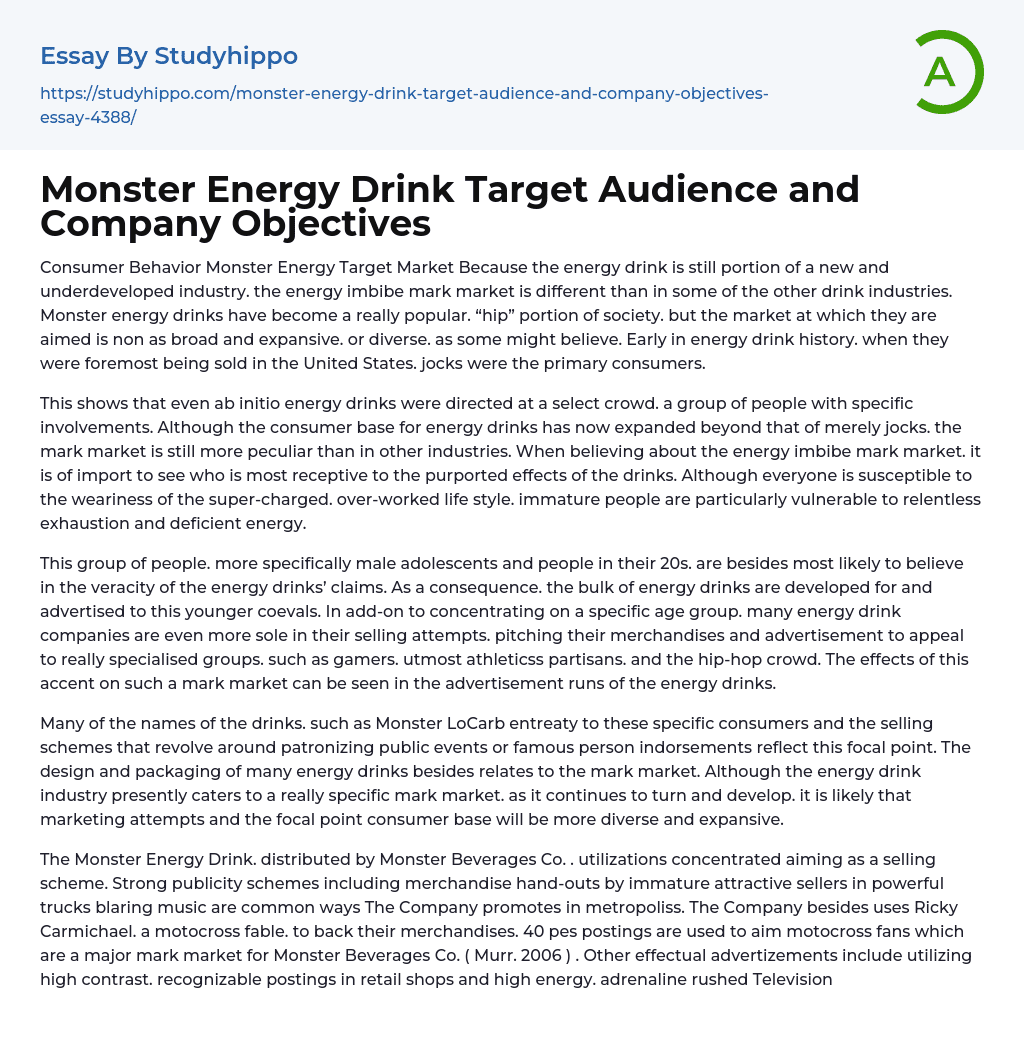 Monster Energy Drink Target Audience and Company Objectives Essay Example