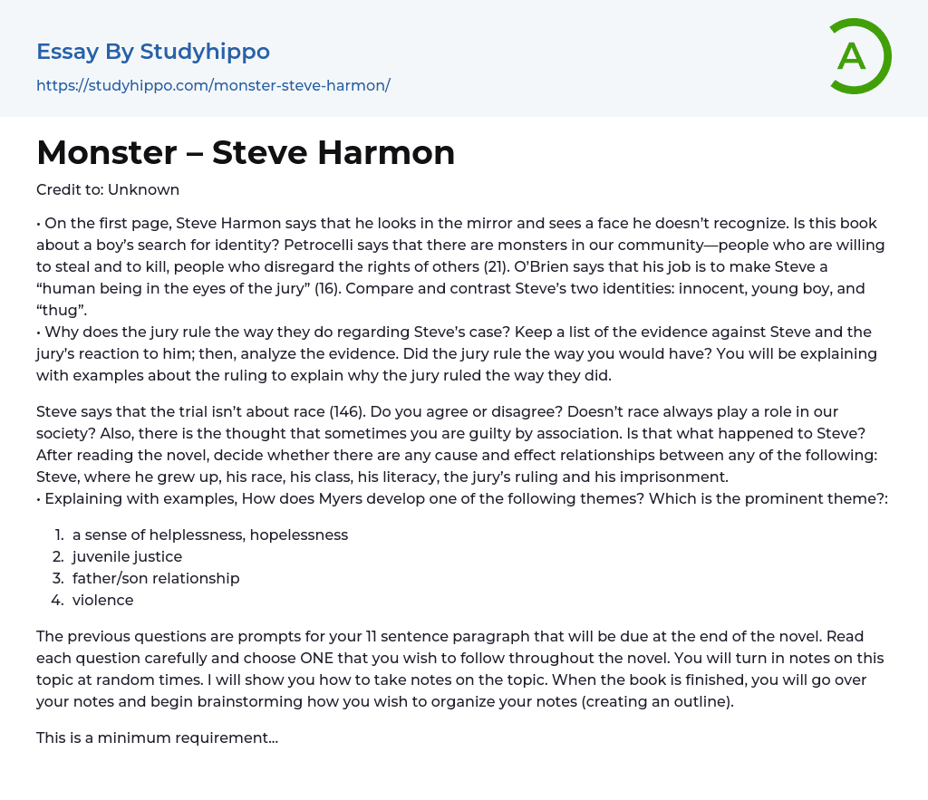 Monster – Steve Harmon Essay Example