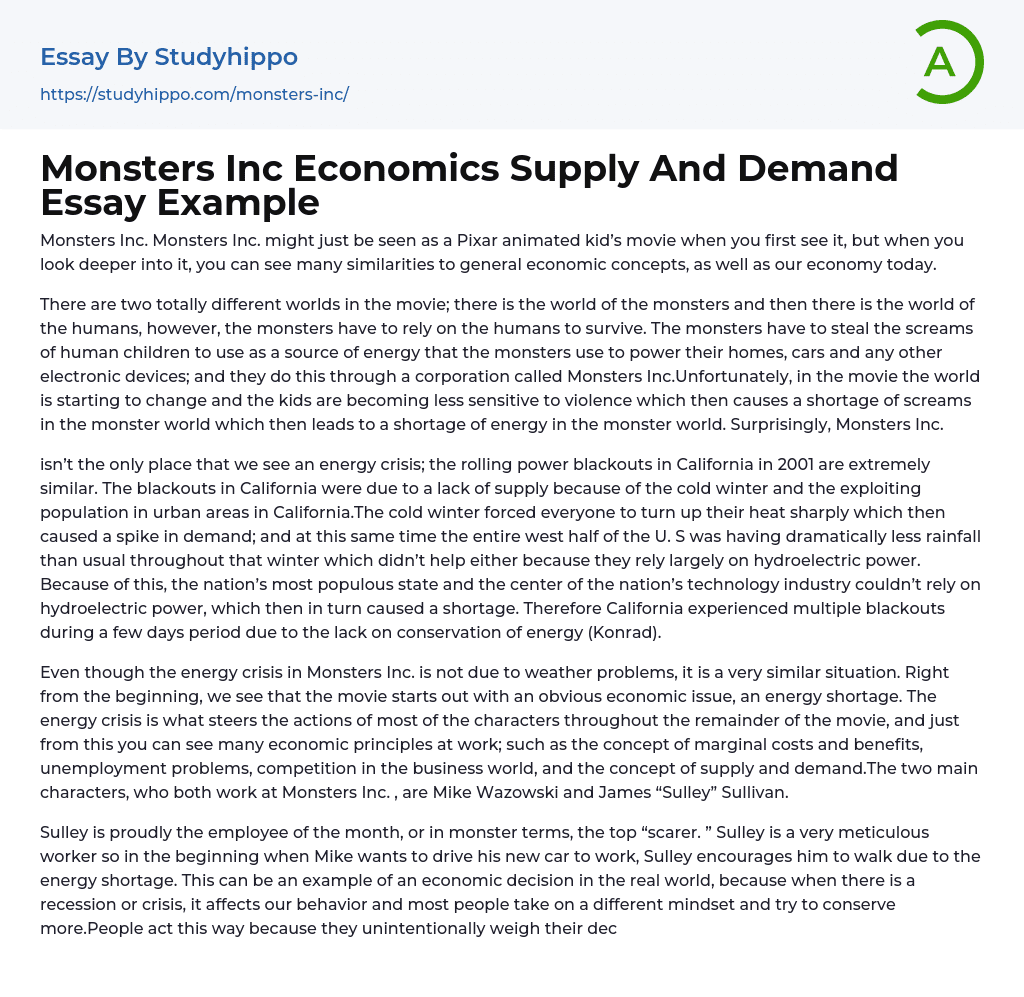 Monsters Inc Economics Supply And Demand Essay Example