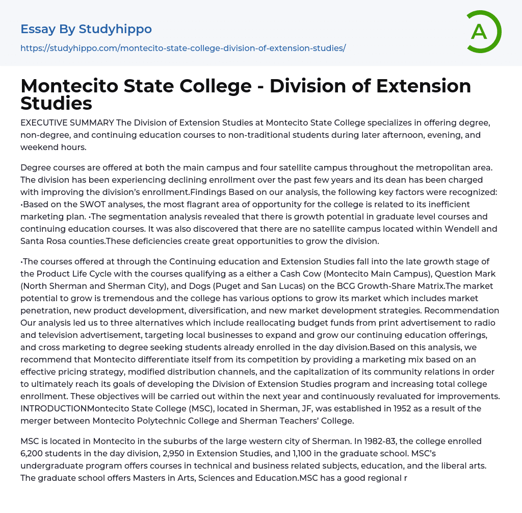 Montecito State College: Situation Analysis (Wots-Up) Essay Example