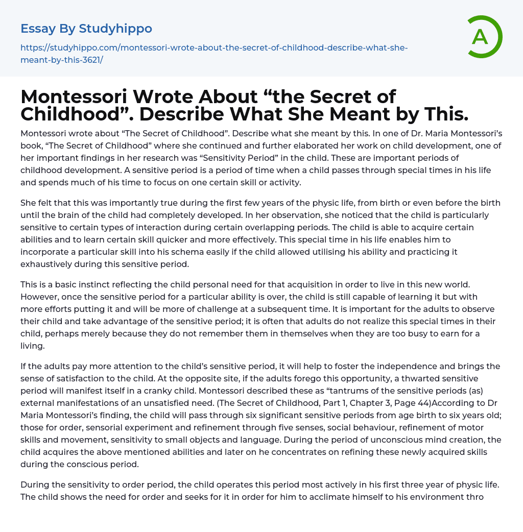 Montessori Wrote About “the Secret of Childhood”. Describe What She Meant by This. Essay Example