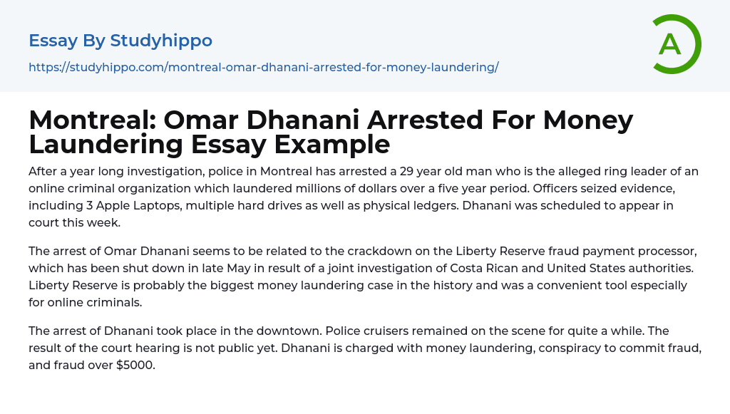 Montreal: Omar Dhanani Arrested For Money Laundering Essay Example