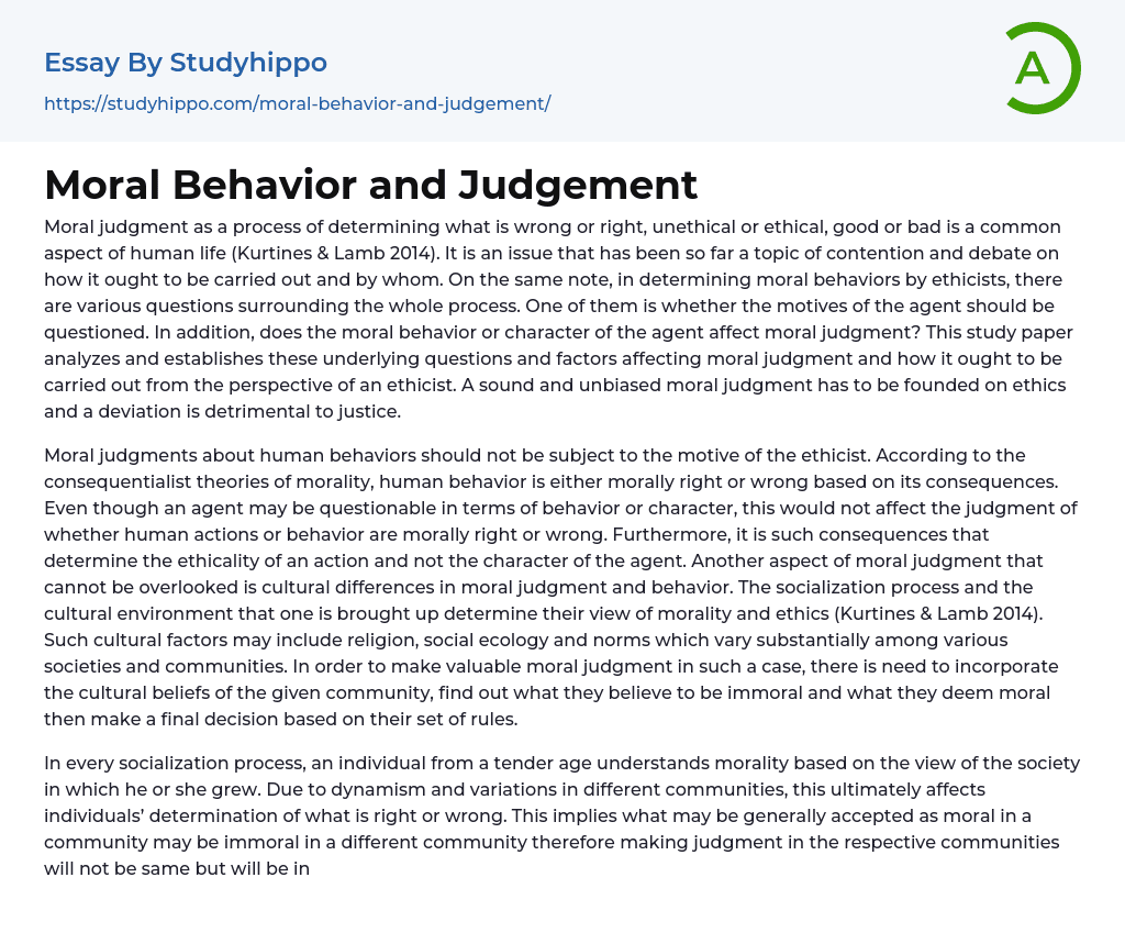 Moral Behavior and Judgement Essay Example