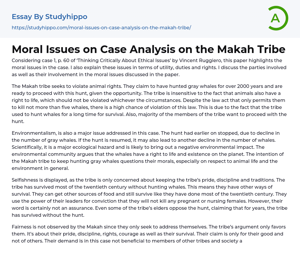 Moral Issues on Case Analysis on the Makah Tribe Essay Example