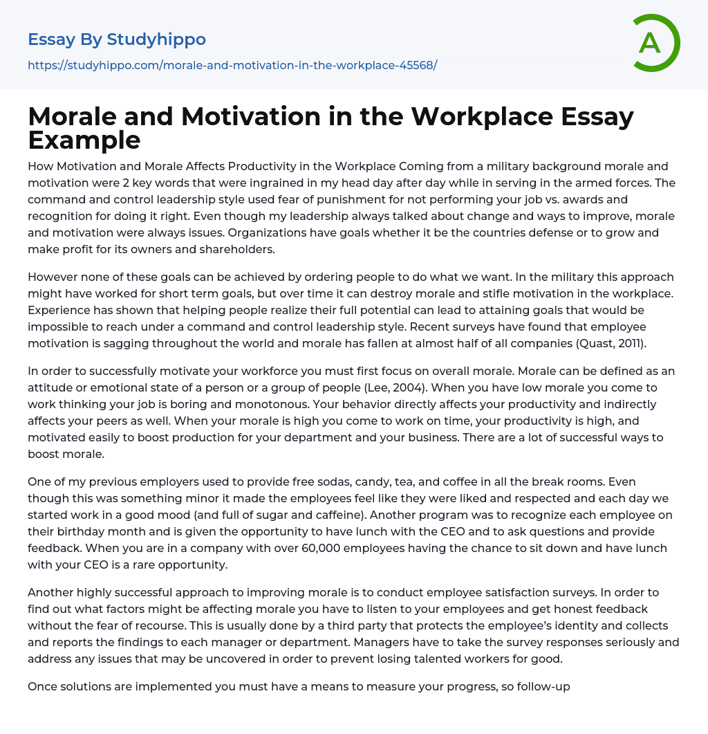 Morale and Motivation in the Workplace Essay Example