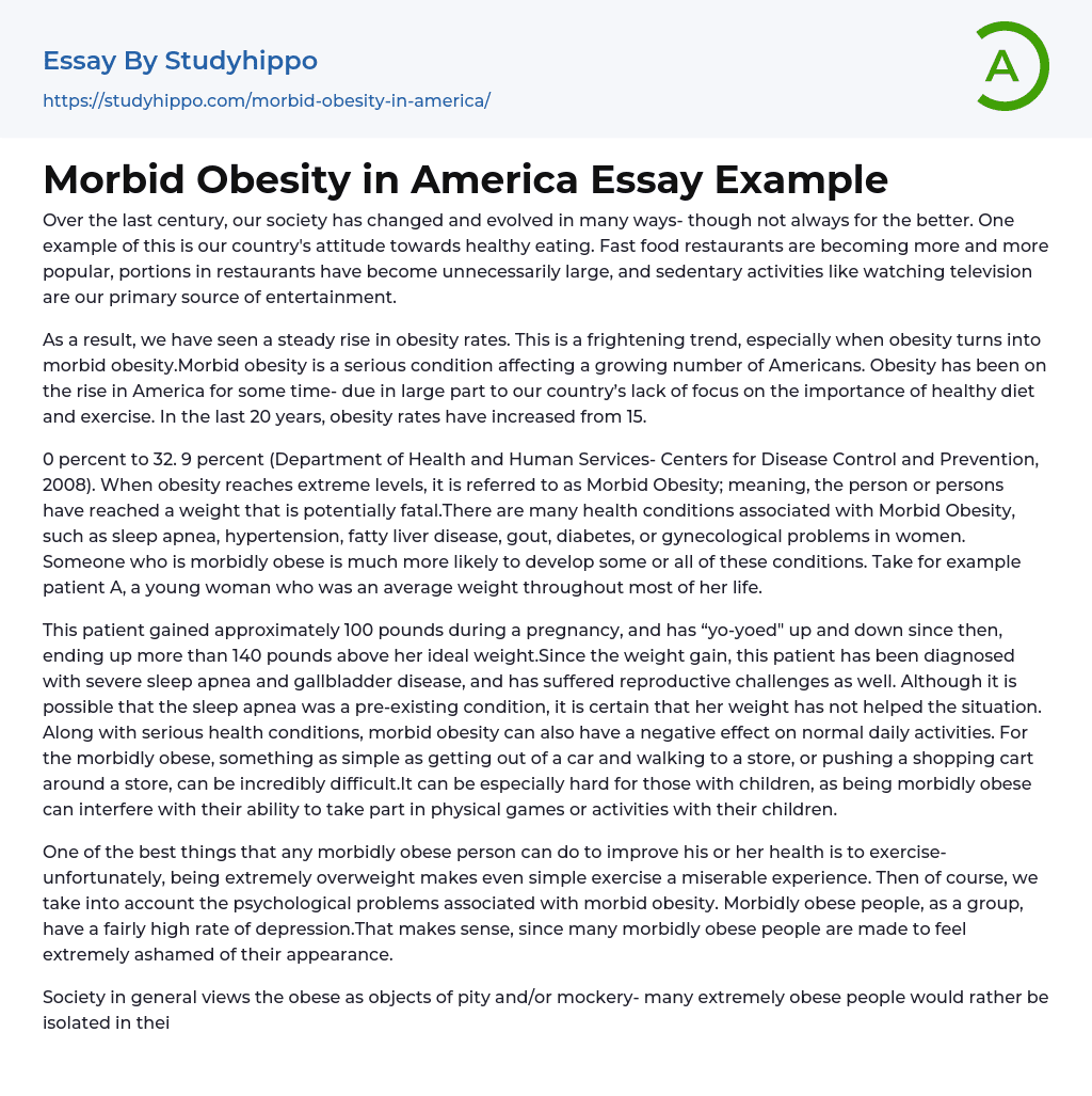 Morbid Obesity in America Essay Example