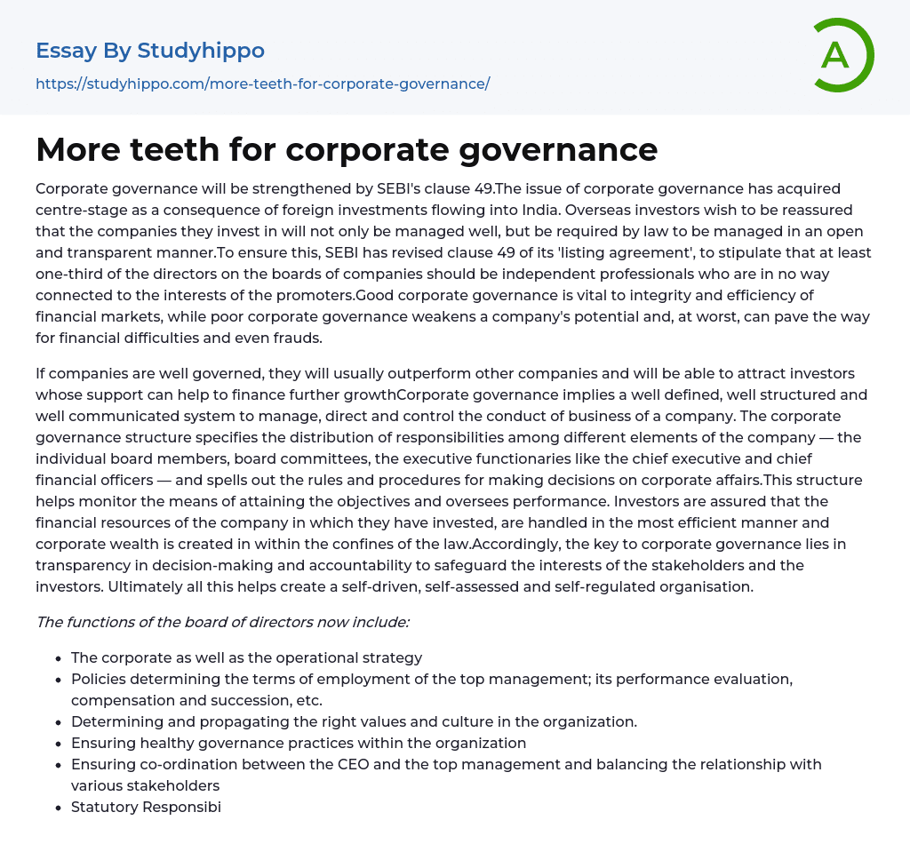 More teeth for corporate governance Essay Example