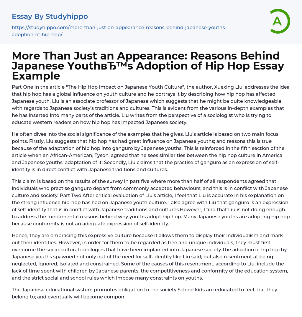 More Than Just an Appearance: Reasons Behind Japanese Youth’s Adoption of Hip Hop Essay Example