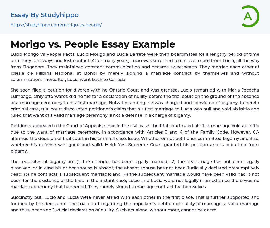 Morigo vs. People Essay Example