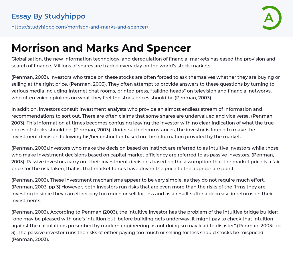 Morrison and Marks And Spencer Essay Example