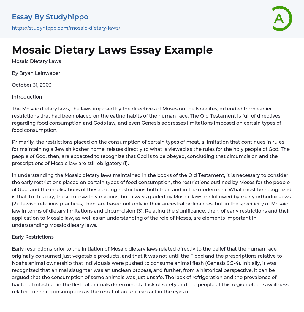 Mosaic Dietary Laws Essay Example
