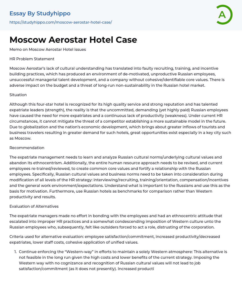 Moscow Aerostar Hotel Case Essay Example
