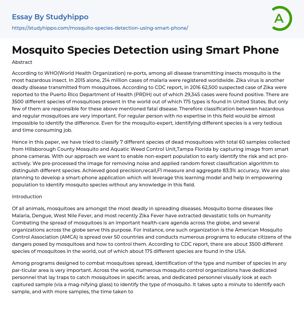 Mosquito Species Detection using Smart Phone Essay Example