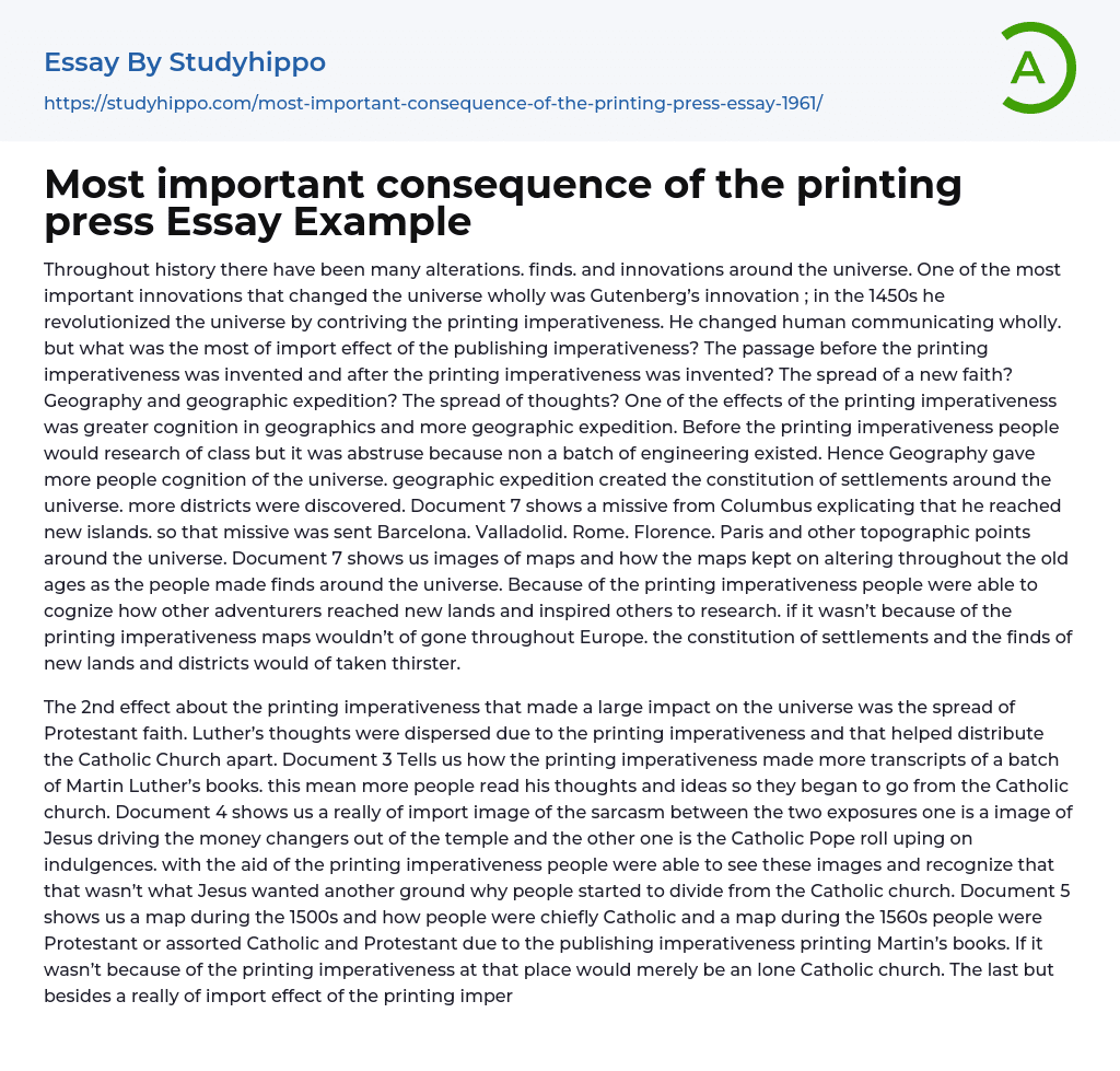 Most important consequence of the printing press Essay Example