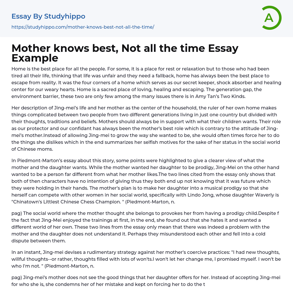 Mother knows best, Not all the time Essay Example