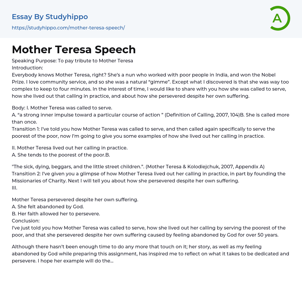 Mother Teresa Speech Essay Example