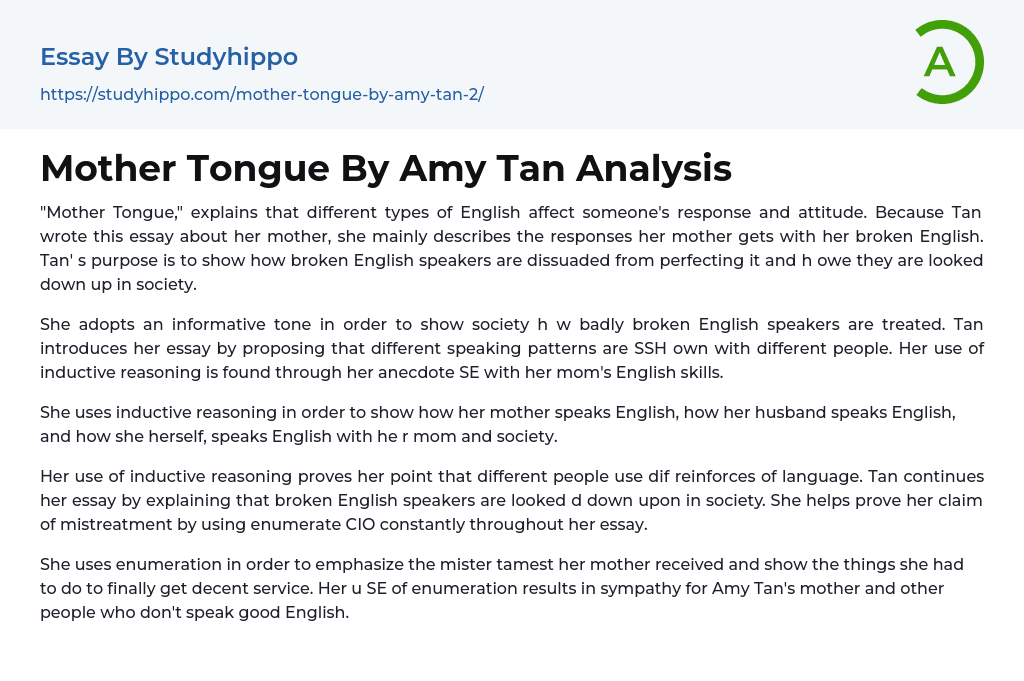 Mother Tongue By Amy Tan Analysis Essay Example
