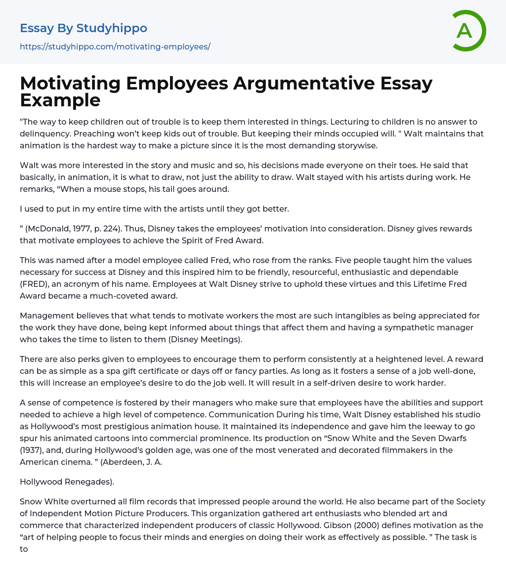 Motivating Employees Argumentative Essay Example