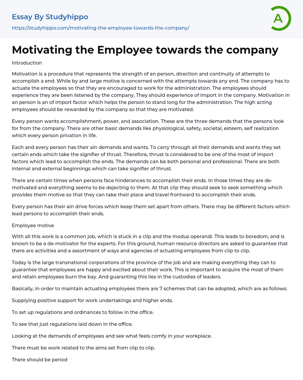 Motivating the Employee towards the company Essay Example