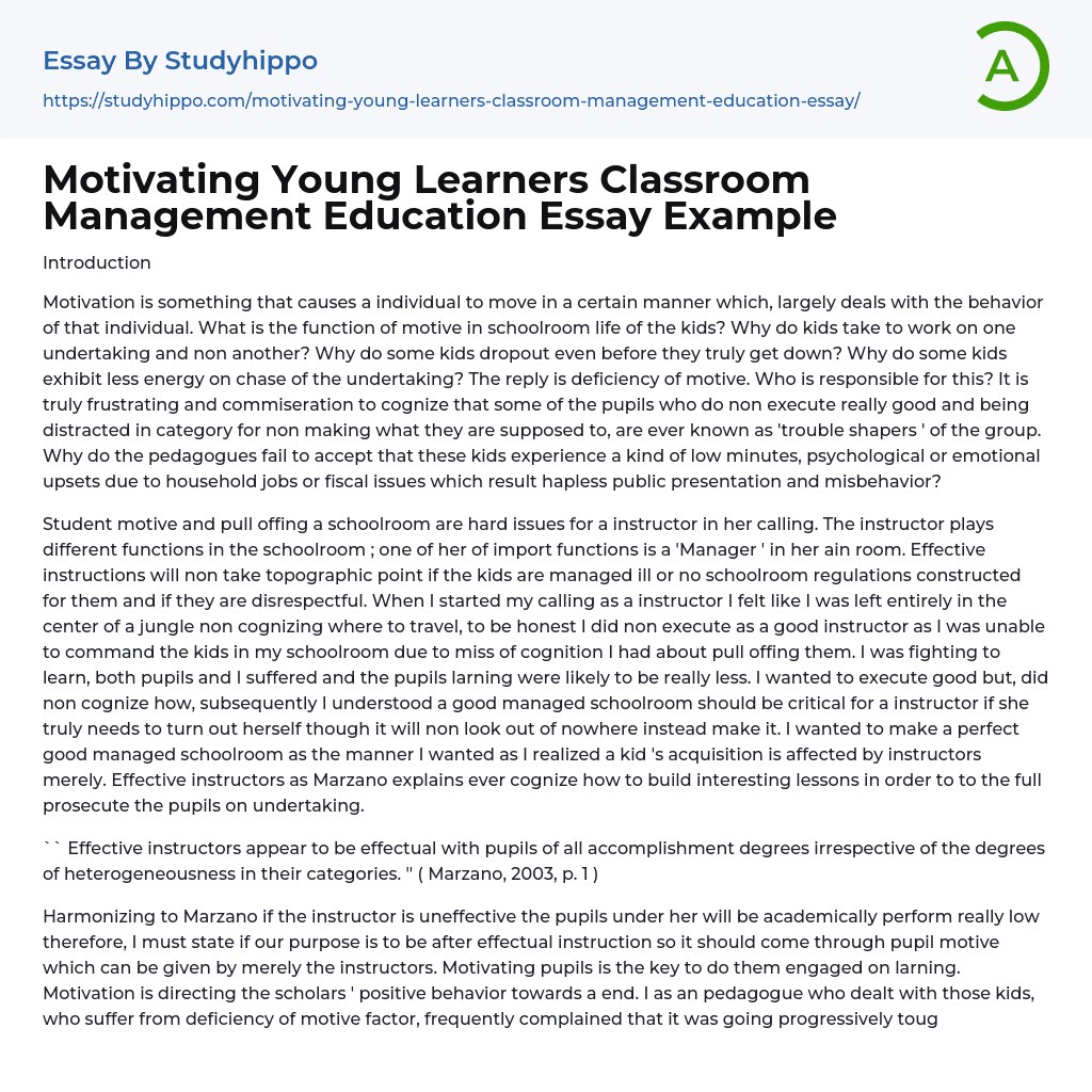 Motivating Young Learners Classroom Management Education Essay Example