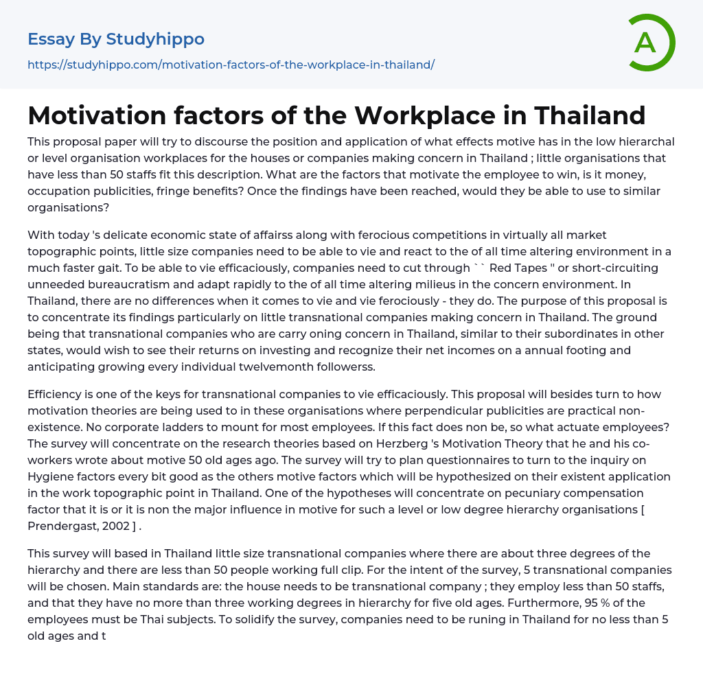 Motivation factors of the Workplace in Thailand Essay Example