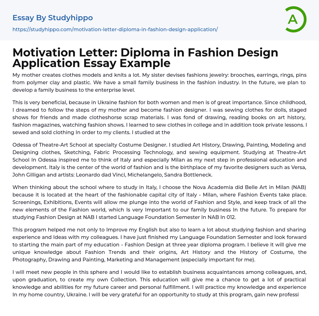 Motivation Letter: Diploma in Fashion Design Application Essay Example