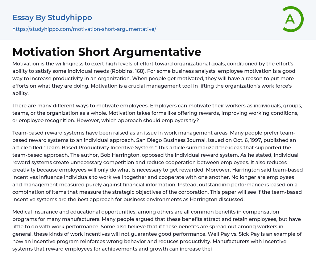 Motivation Short Argumentative Essay Example