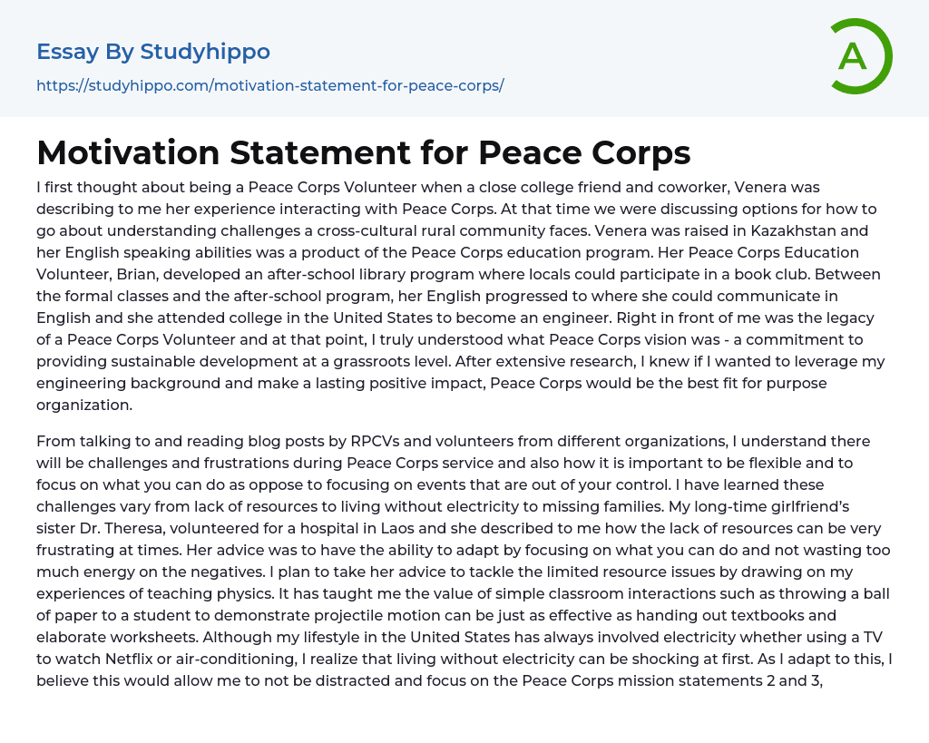 Motivation Statement for Peace Corps Essay Example