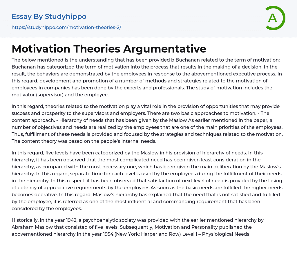 Motivation Theories Argumentative Essay Example