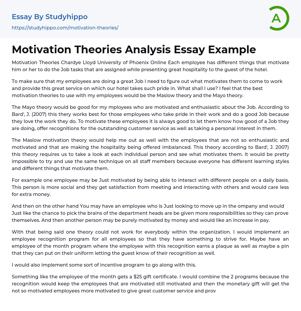 Motivation Theories Analysis Essay Example