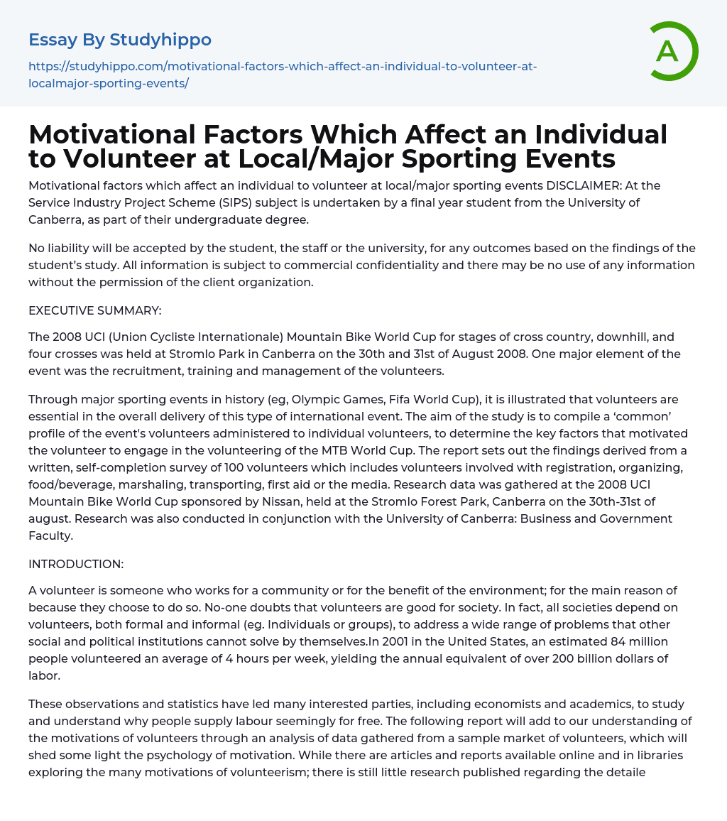 Motivating Factors for Volunteering at Sporting Events