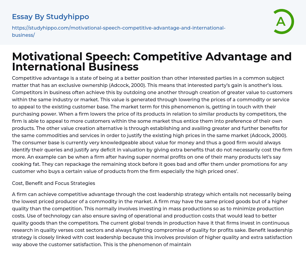 Motivational Speech: Competitive Advantage and International Business Essay Example