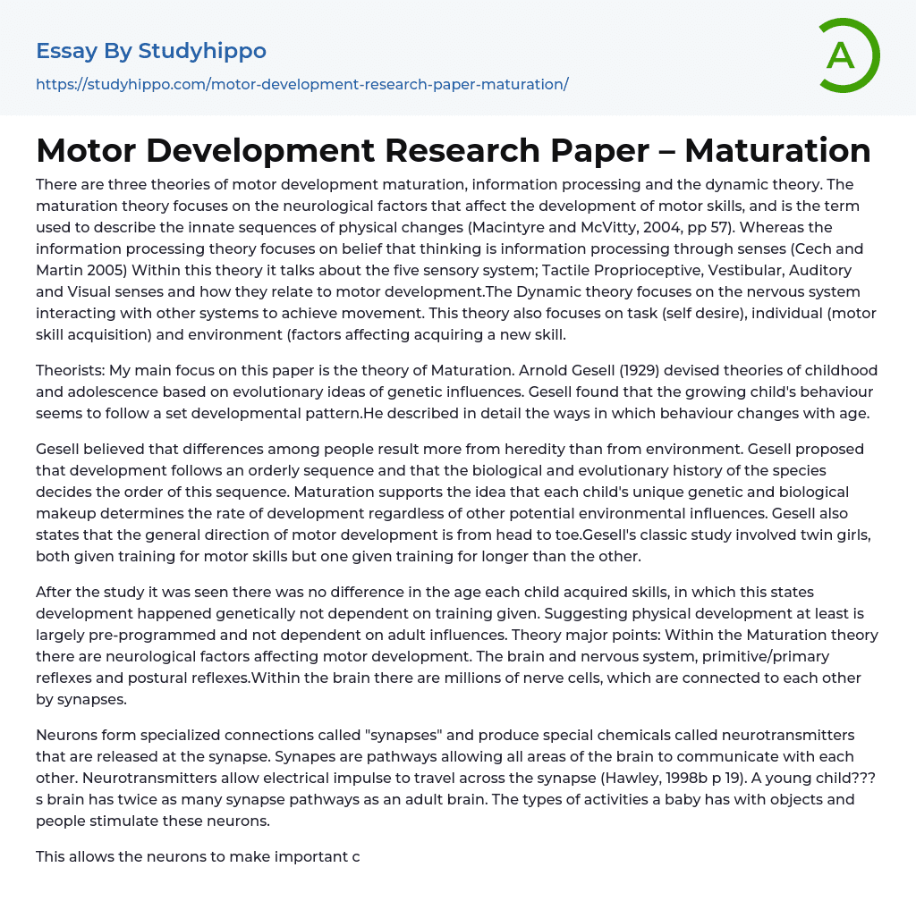 Motor Development Research Paper – Maturation Essay Example