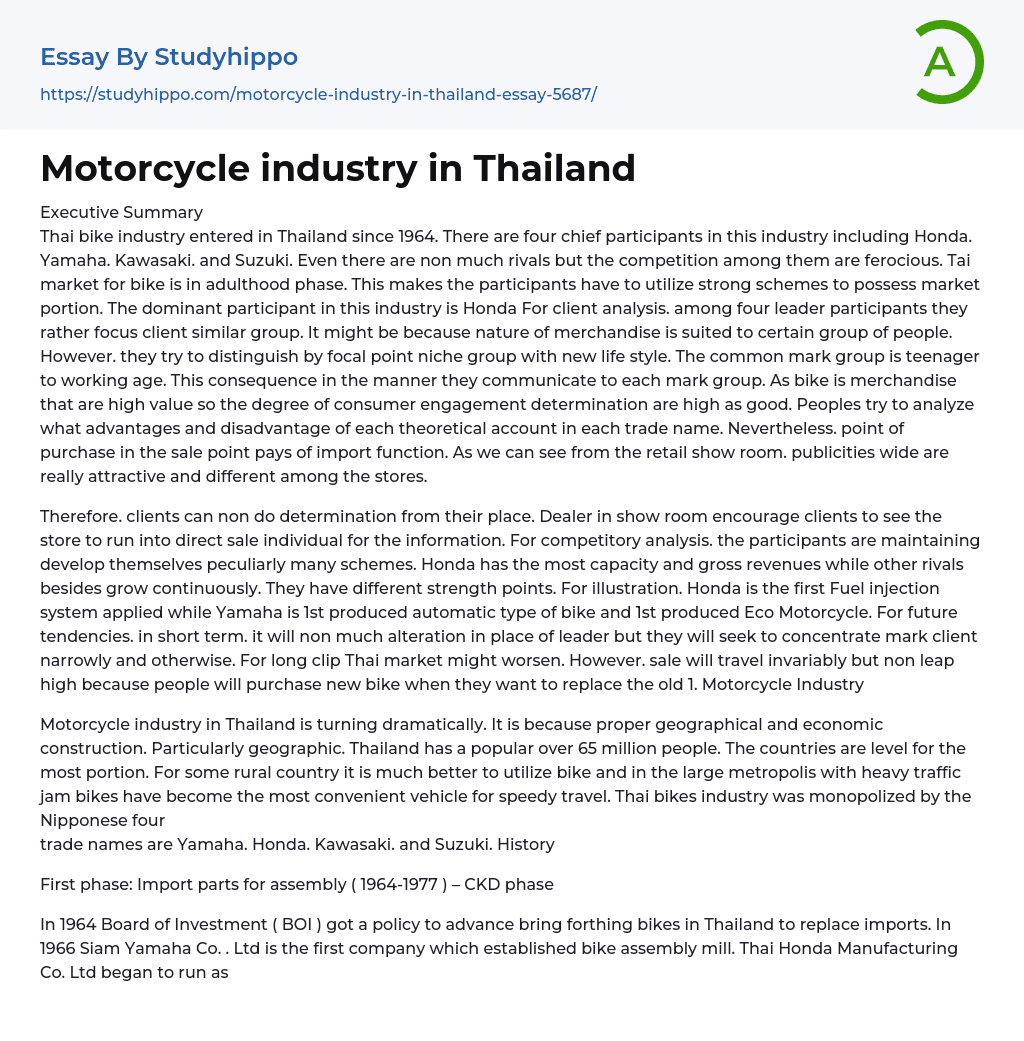 Motorcycle industry in Thailand Essay Example