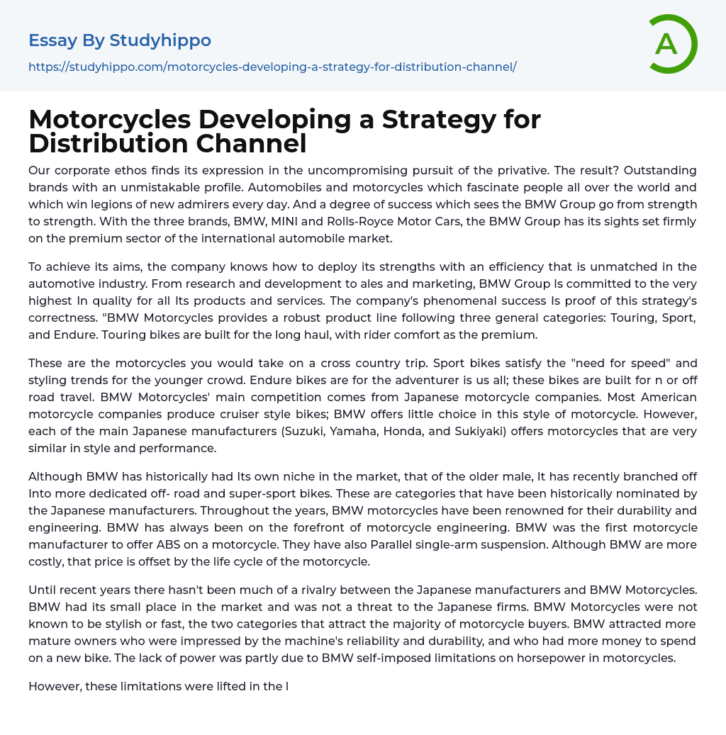 Motorcycles Developing a Strategy for Distribution Channel Essay Example