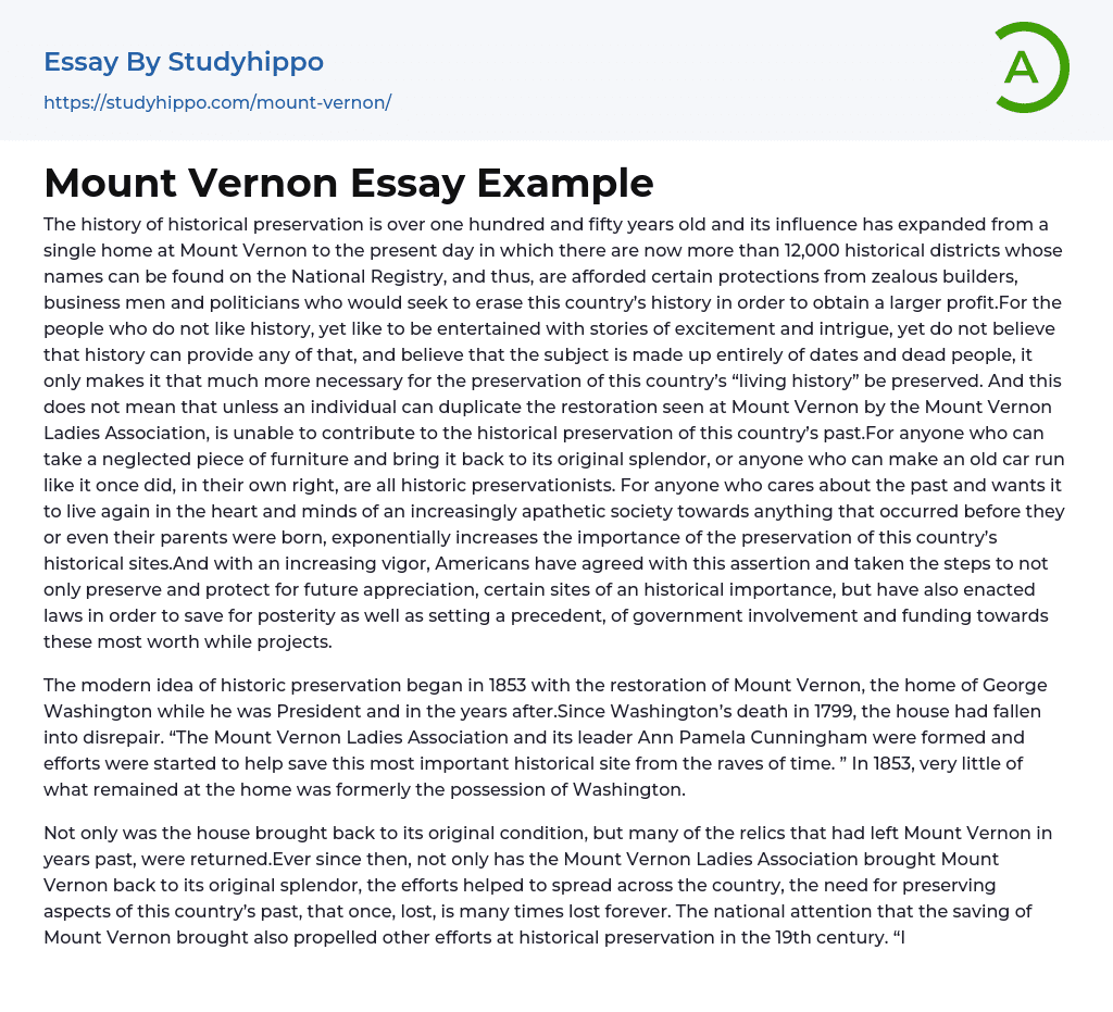 Mount Vernon Essay Example