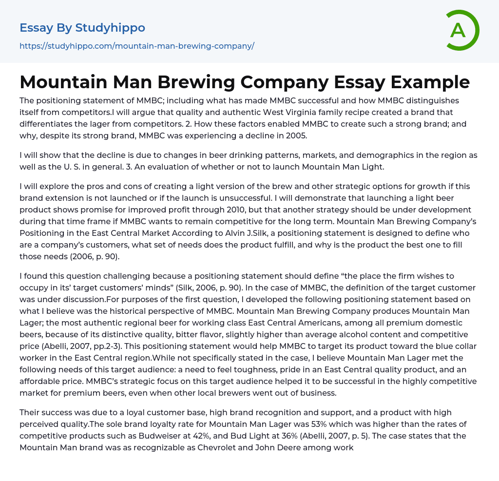 Mountain Man Brewing Company Essay Example