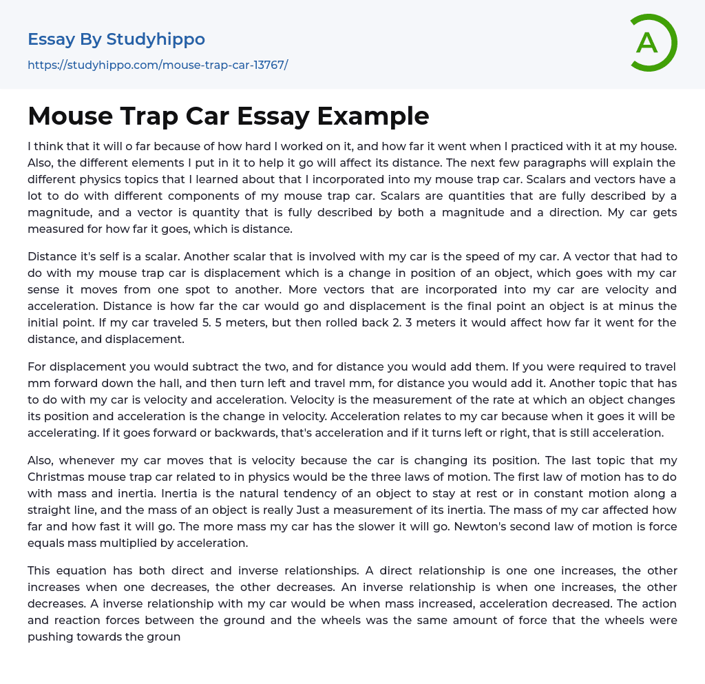 Mouse Trap Car Essay Example