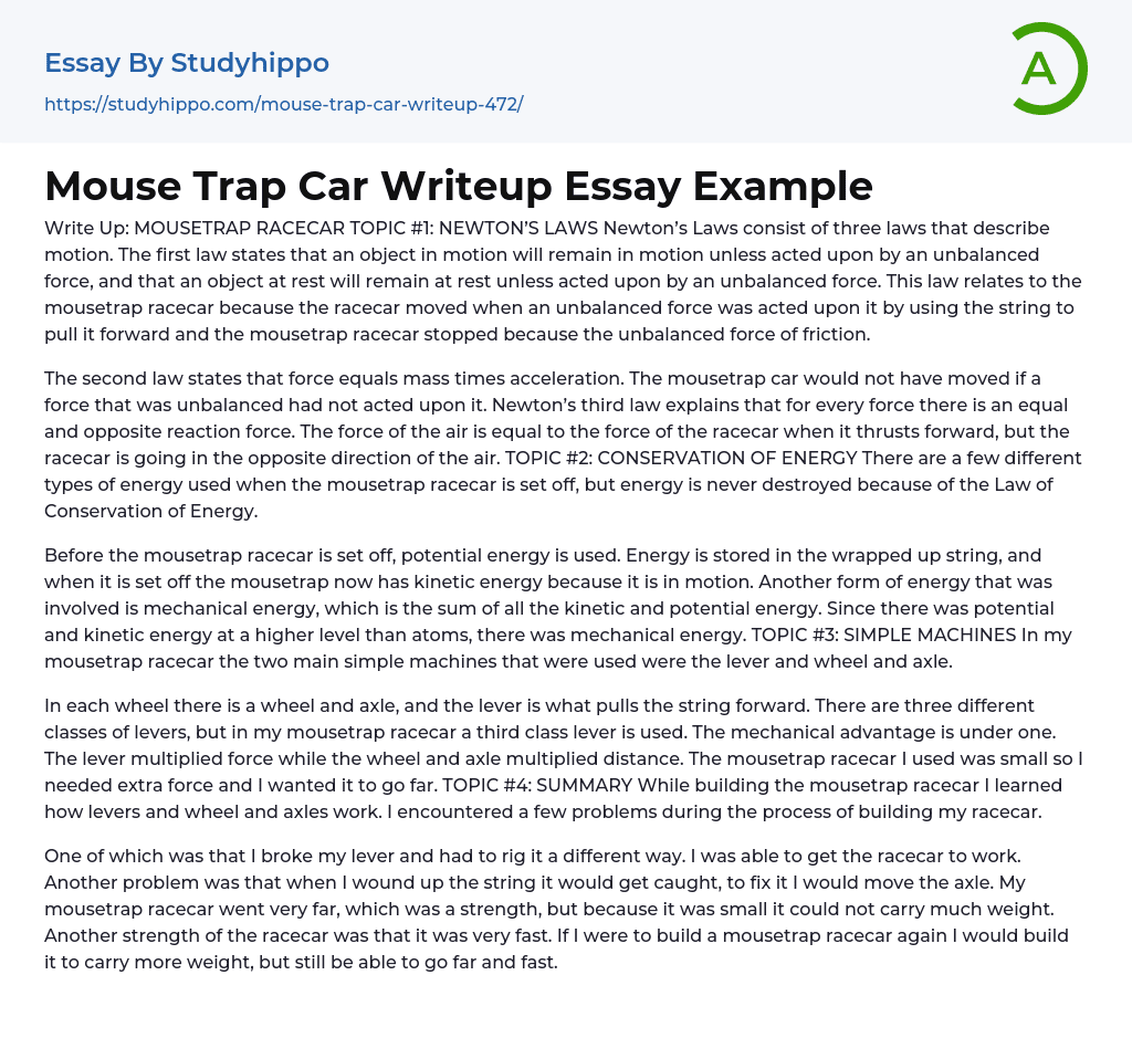 Mouse Trap Car Writeup Essay Example