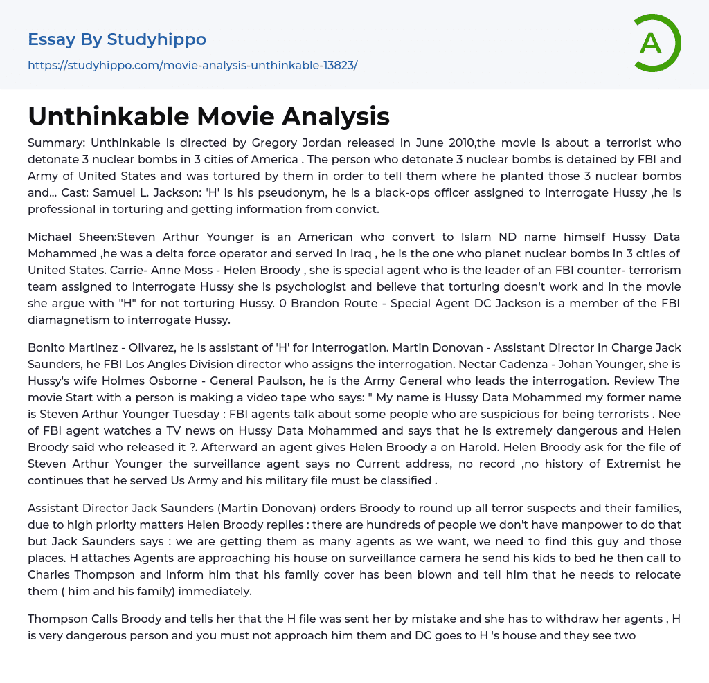 Unthinkable Movie Analysis Essay Example
