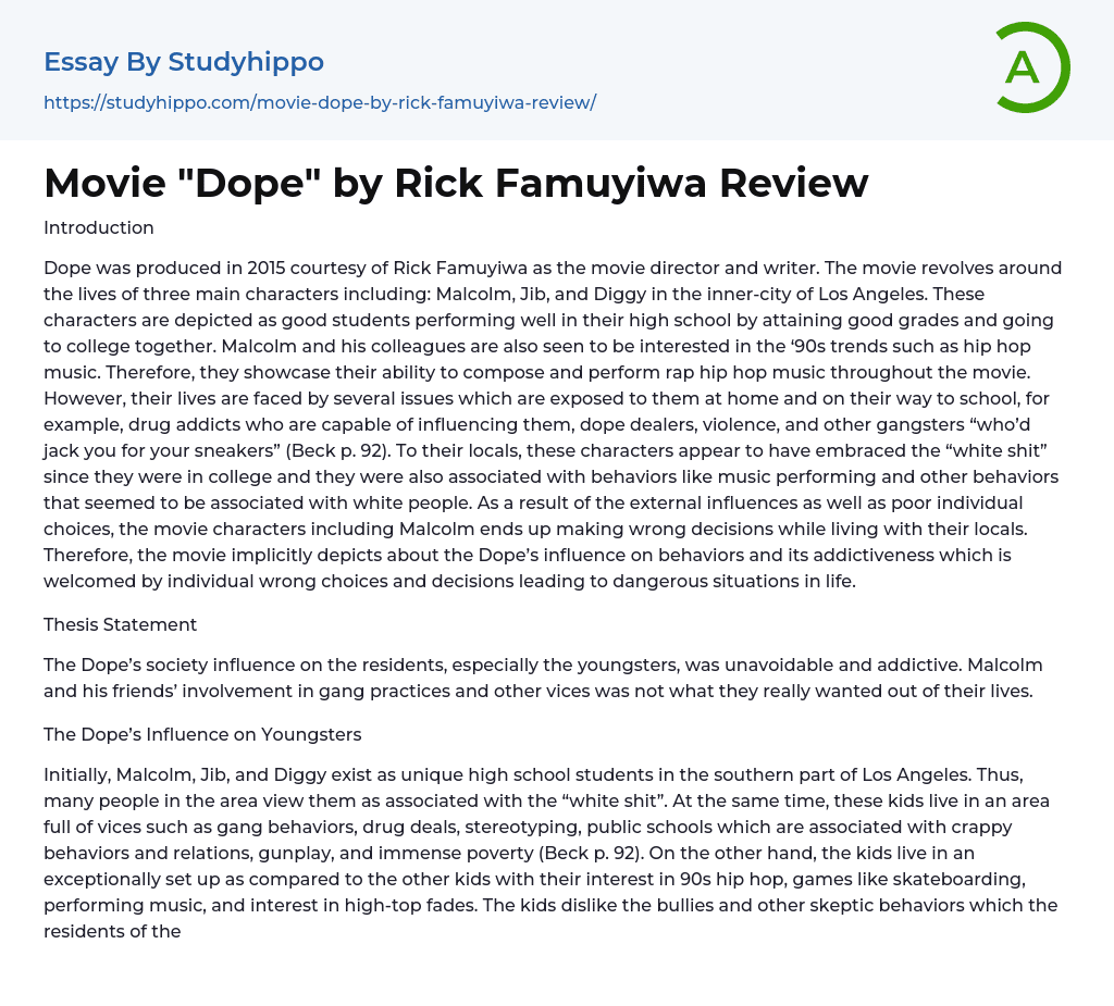 Movie “Dope” by Rick Famuyiwa Review Essay Example