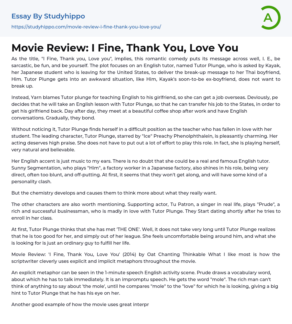Movie Review: I Fine, Thank You, Love You Essay Example