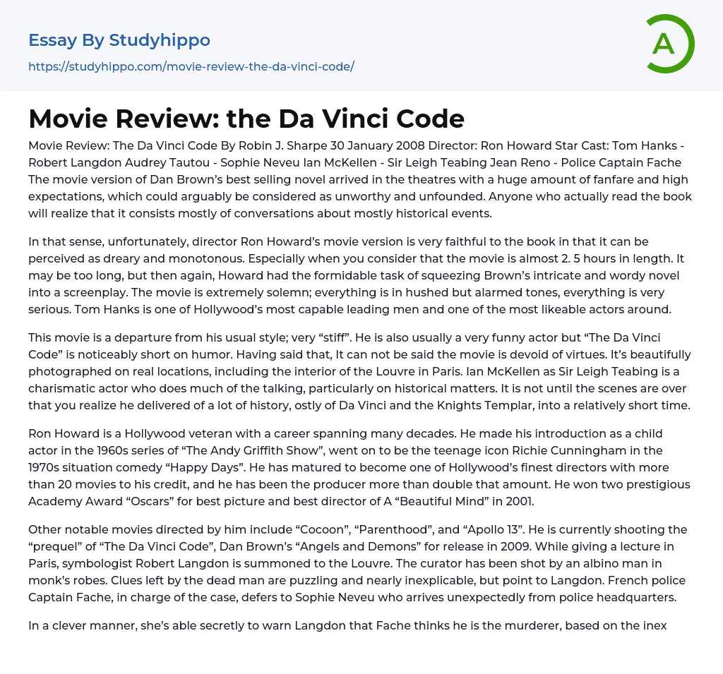 Movie Review: The Da Vinci Code By Robin J. Sharpe Essay Example